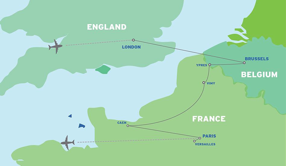 England, Belgium & France: Student Battlefield Tour map