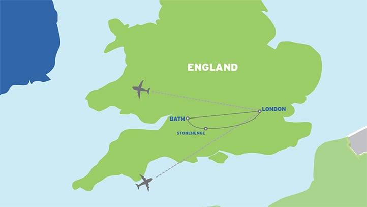 London, Bath & Stonehenge: Student Tour map